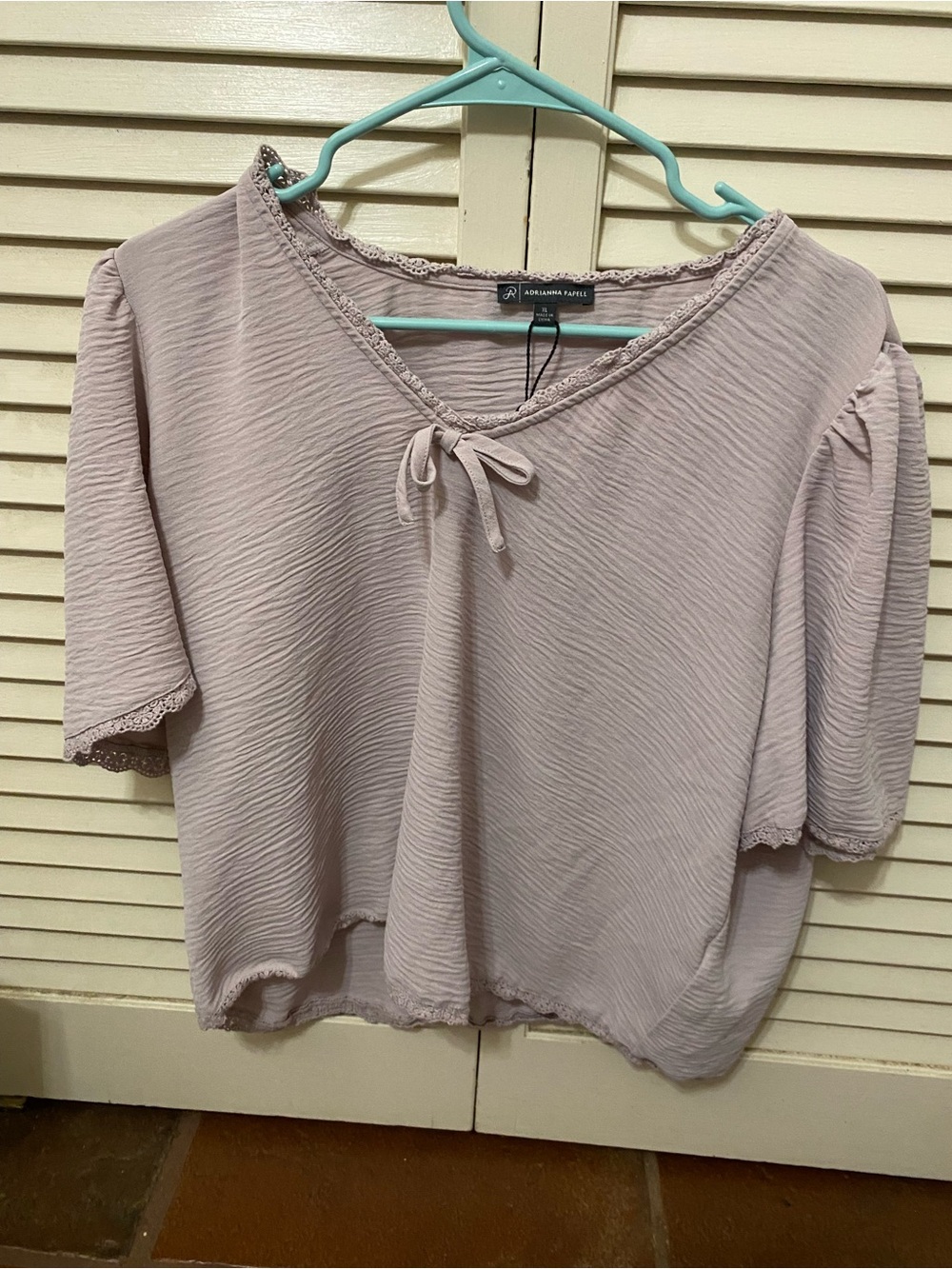 Adrianna Papell Mauve Tie-Front Textured Short Sleeve Blouse